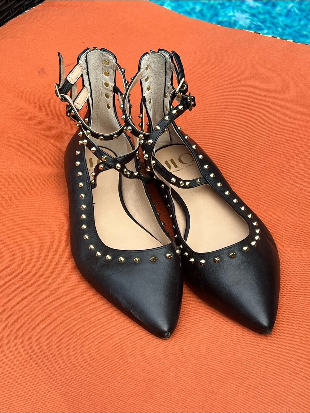 Women's Black Pointed Studded Ankle-Strap Flats - Classic Chic
